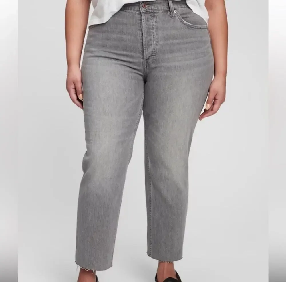 GAP Cheeky Straight Jeans Women’s 32 14R High Rise Gray Button Fly Raw Hem